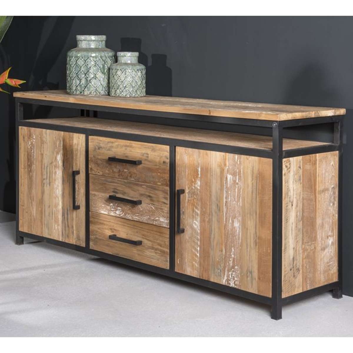 Kommode Montreal B 180 cm Teak Massivholz Metall schwarz