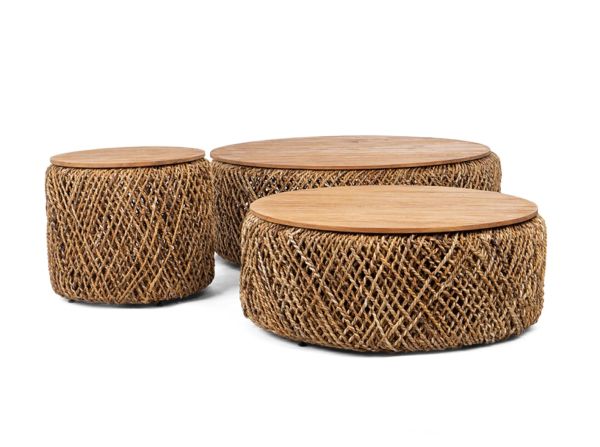 3 tlg. Couchtisch Set KNUT 100 cm natur Geflecht Teakholz