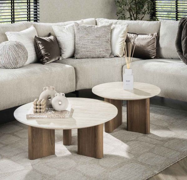 2´er Set Couchtisch VENEZIA rund Keramik Travertin Optik beige