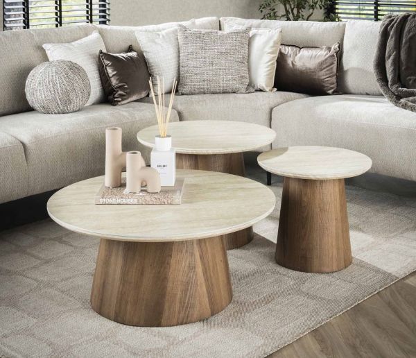 3´er Set Couchtisch VENEZIA rund Keramik Travertin Optik beige