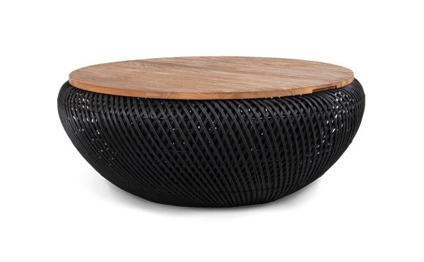 Couchtisch WAVE 65 cm rund schwarz Rattan und Teakholz