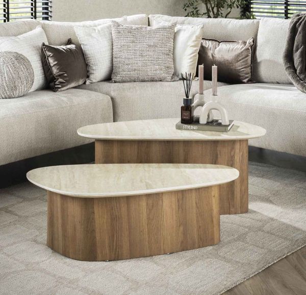 2´er Set Couchtisch PIAZZA dreieckig Keramik Travertin Optik beige