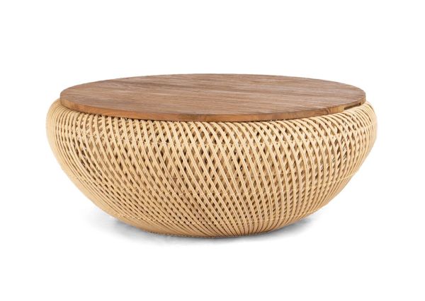 Couchtisch WAVE 80 cm rund natur Rattan und Teakholz