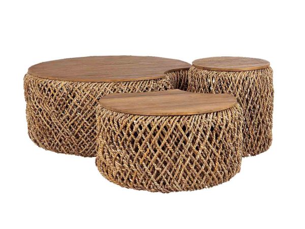 3 tlg. Couchtisch Set KNUT natur aus Geflecht Teakholz M