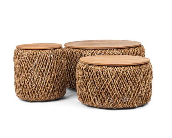 3 tlg. Couchtisch Set KNUT 70 cm natur Geflecht Teakholz